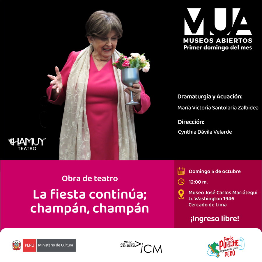 Museos Abiertos. Obra de teatro La fiesta continúa; champán, champán de la actuación María Victoria Santolaria Zalbidea